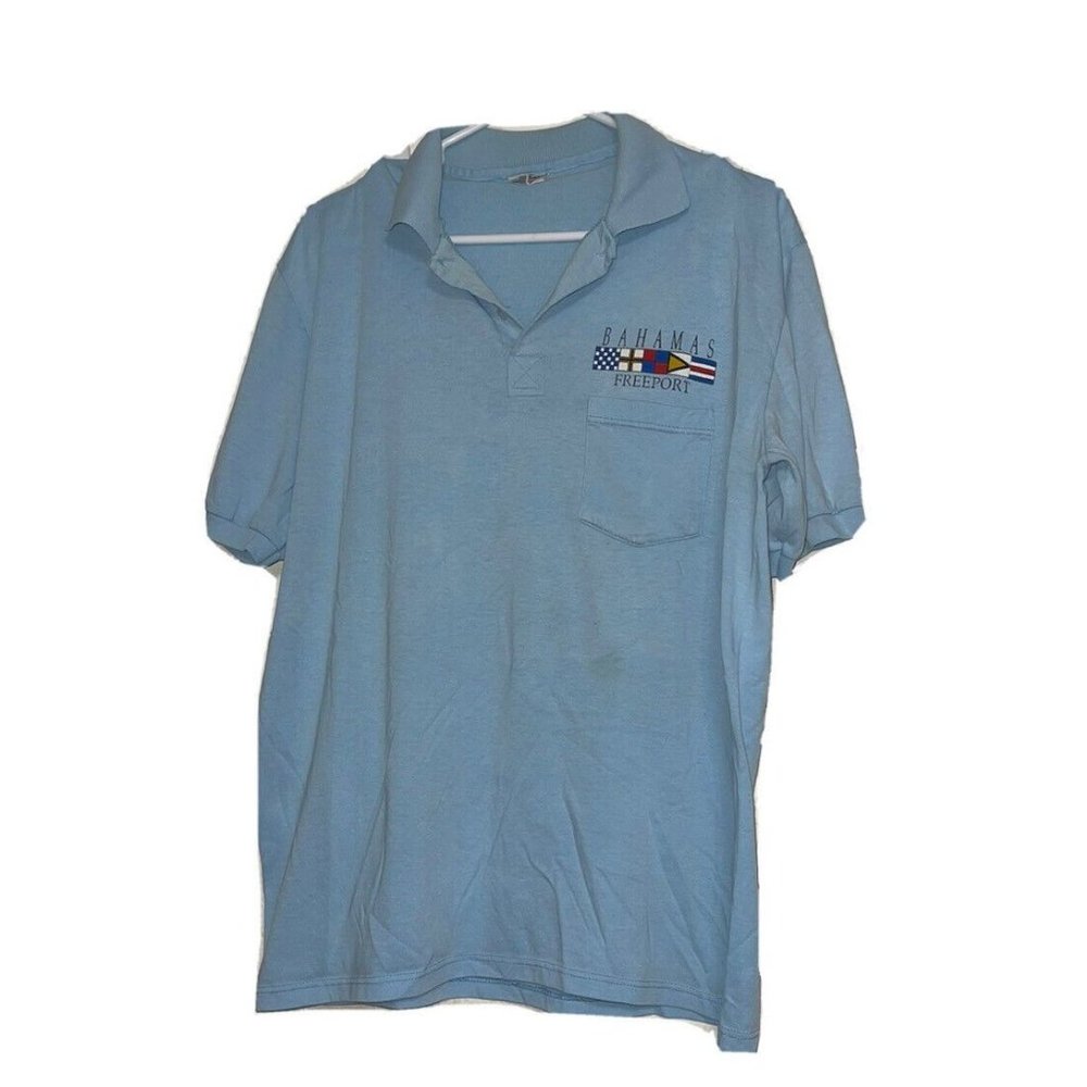 Vtg Stedman Polo Shirt Size XL Light Blue Bahamas Freeport Made in USA FLAW